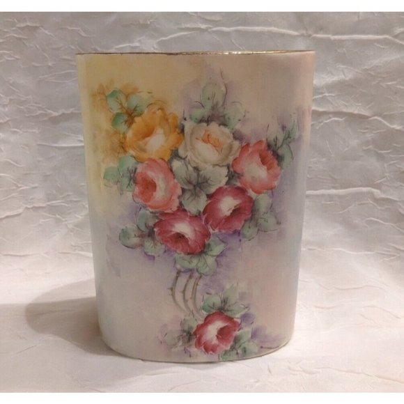 Vtg Kleine Co Vase Art Pottery Roses Handpainted Signed M. H. Davis Floral Gold - Picture 1 of 16